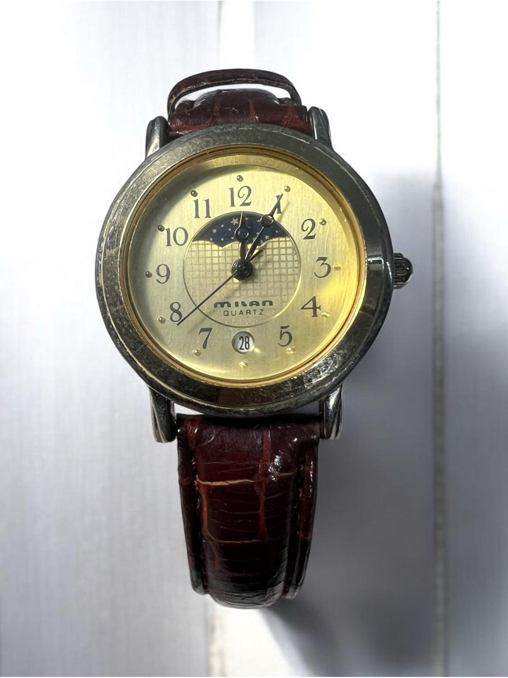 (186)Vintage Women Milan Gold Dial Moonphase Watch with Brown Leather Strap